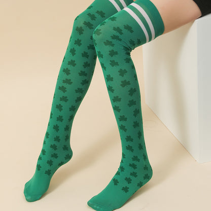 Irish Festival Green Trefoil Stockings Over the Knee Socks St Patrick's Day Party Striped Socks