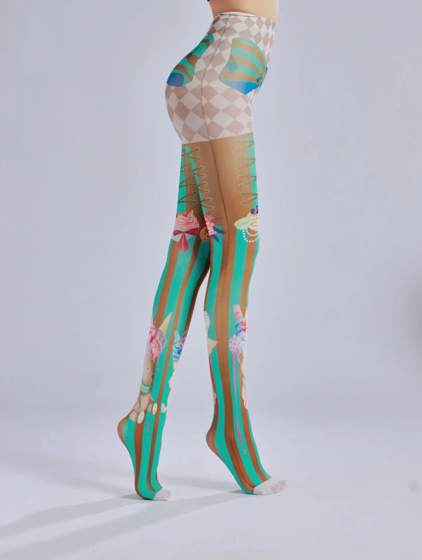 Cake ice cream printed pantyhose with striped checkered pattern as a base sock