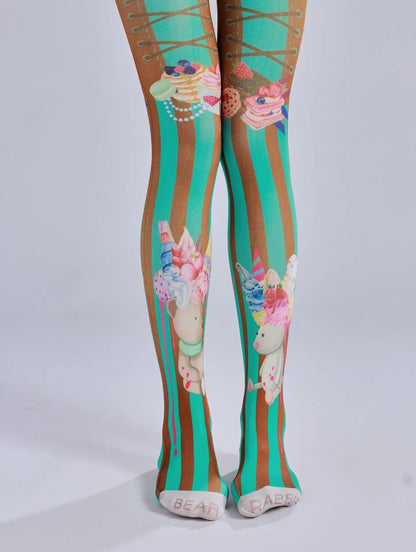 Cake ice cream printed pantyhose with striped checkered pattern as a base sock