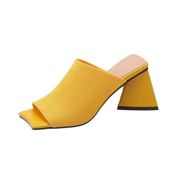 New Summer sandals knitting Triangle Thick heel Slippers Sexy Street Woman Square toes Dress Party shoes black yellow