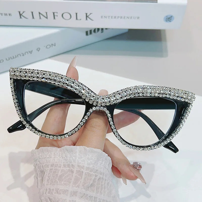 Vintage Luxury Brand Designer Diamond Cat Eye Glasses Frame Women Fashion Trending Crystal Sexy Myopia Reading Eyeglasses Frames