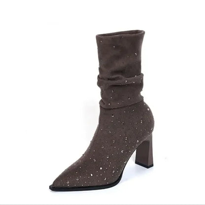 New Autumn Women's Mid-calf Boots Square High Heels Pointed Toe Women's Calf Boots Sequined Cloth Slip-On Women's Boots