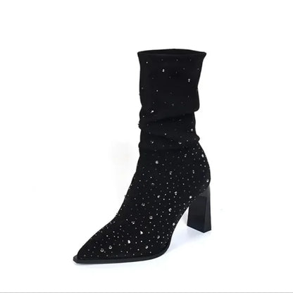 New Autumn Women's Mid-calf Boots Square High Heels Pointed Toe Women's Calf Boots Sequined Cloth Slip-On Women's Boots