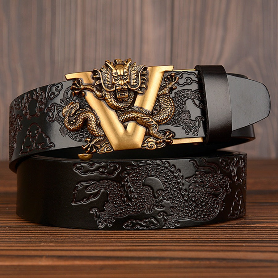 Male Chinese Dragon Belt Cowskin Genuine Leather Belt for Men Carving Dragon Pattern Automatic Buckle Belt Strap