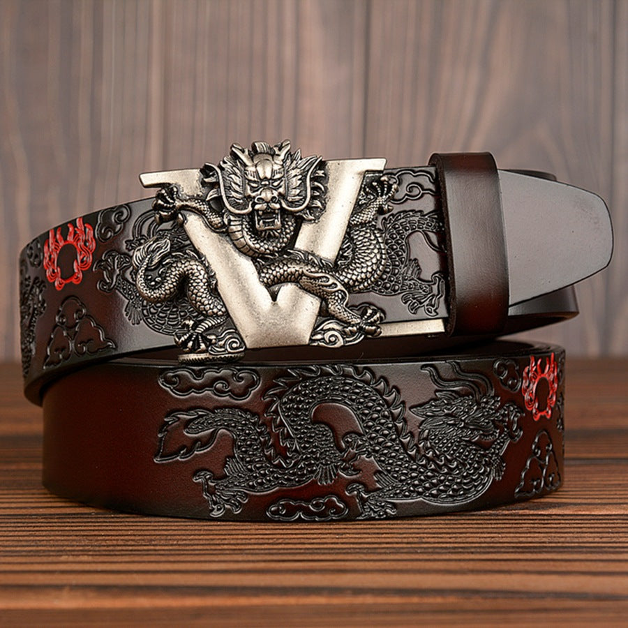 Male Chinese Dragon Belt Cowskin Genuine Leather Belt for Men Carving Dragon Pattern Automatic Buckle Belt Strap