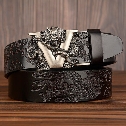 Male Chinese Dragon Belt Cowskin Genuine Leather Belt for Men Carving Dragon Pattern Automatic Buckle Belt Strap