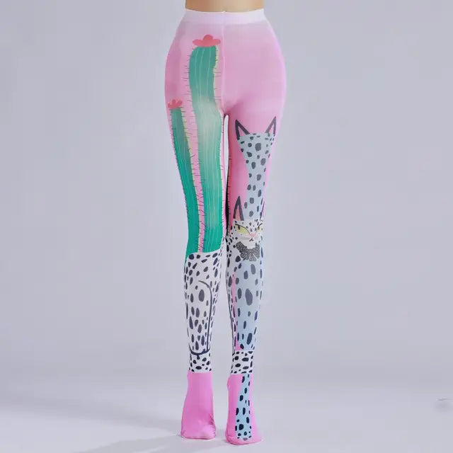 Cactus printed pantyhose with leopard print pattern as the sole personalized and fashionable pantyhose