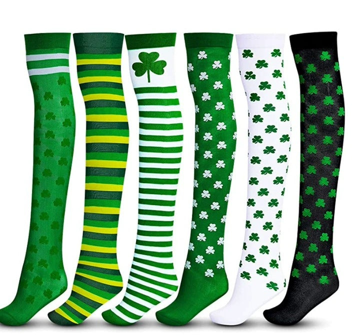 Irish Festival Green Trefoil Stockings Over the Knee Socks St Patrick's Day Party Striped Socks