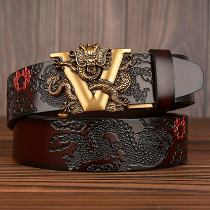 Male Chinese Dragon Belt Cowskin Genuine Leather Belt for Men Carving Dragon Pattern Automatic Buckle Belt Strap