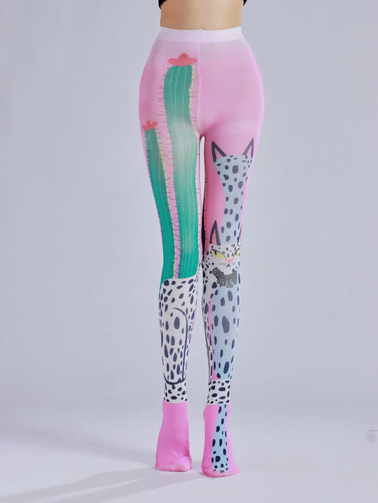 Cactus printed pantyhose with leopard print pattern as the sole personalized and fashionable pantyhose