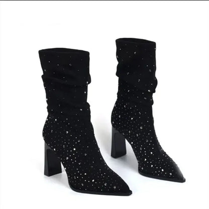 New Autumn Women's Mid-calf Boots Square High Heels Pointed Toe Women's Calf Boots Sequined Cloth Slip-On Women's Boots