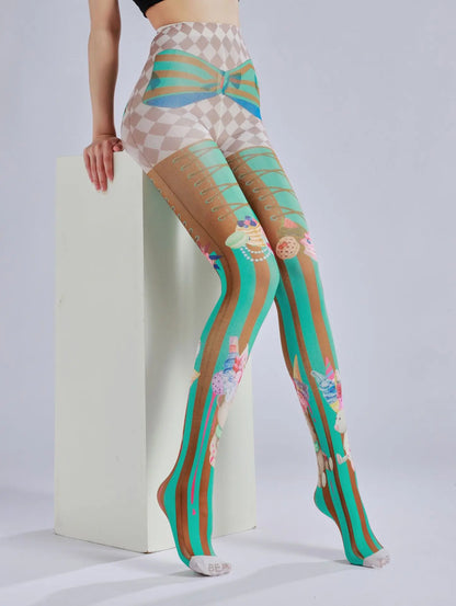 Cake ice cream printed pantyhose with striped checkered pattern as a base sock