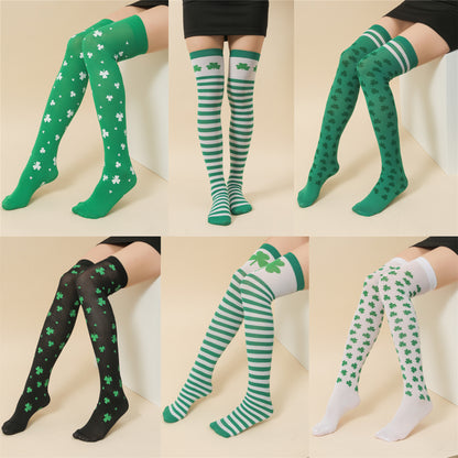 Irish Festival Green Trefoil Stockings Over the Knee Socks St Patrick's Day Party Striped Socks