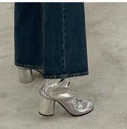 Split Toe Ankle Boos for Women Luxury Brand Designer Genuine  Shoes Broken Mirror Silver Chunky Heels Booties